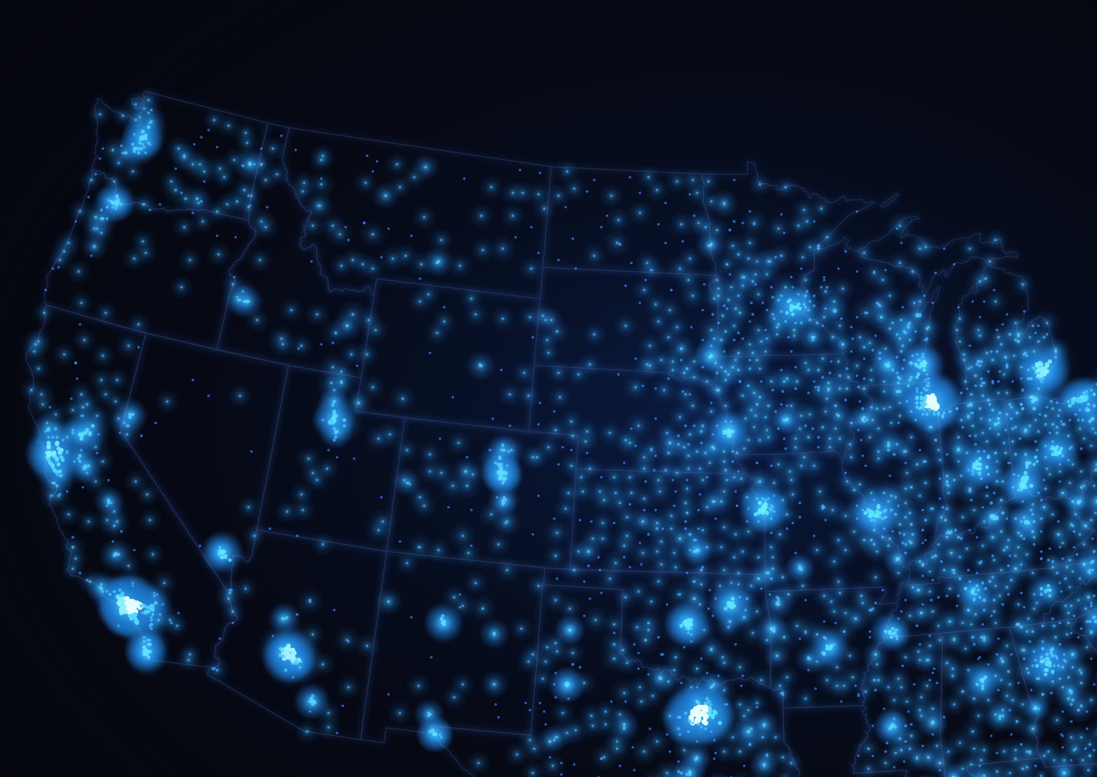 Map of the United States with every hospital ClearPrice has loaded pricing for shown as a luminous point of light, densest across the major metros